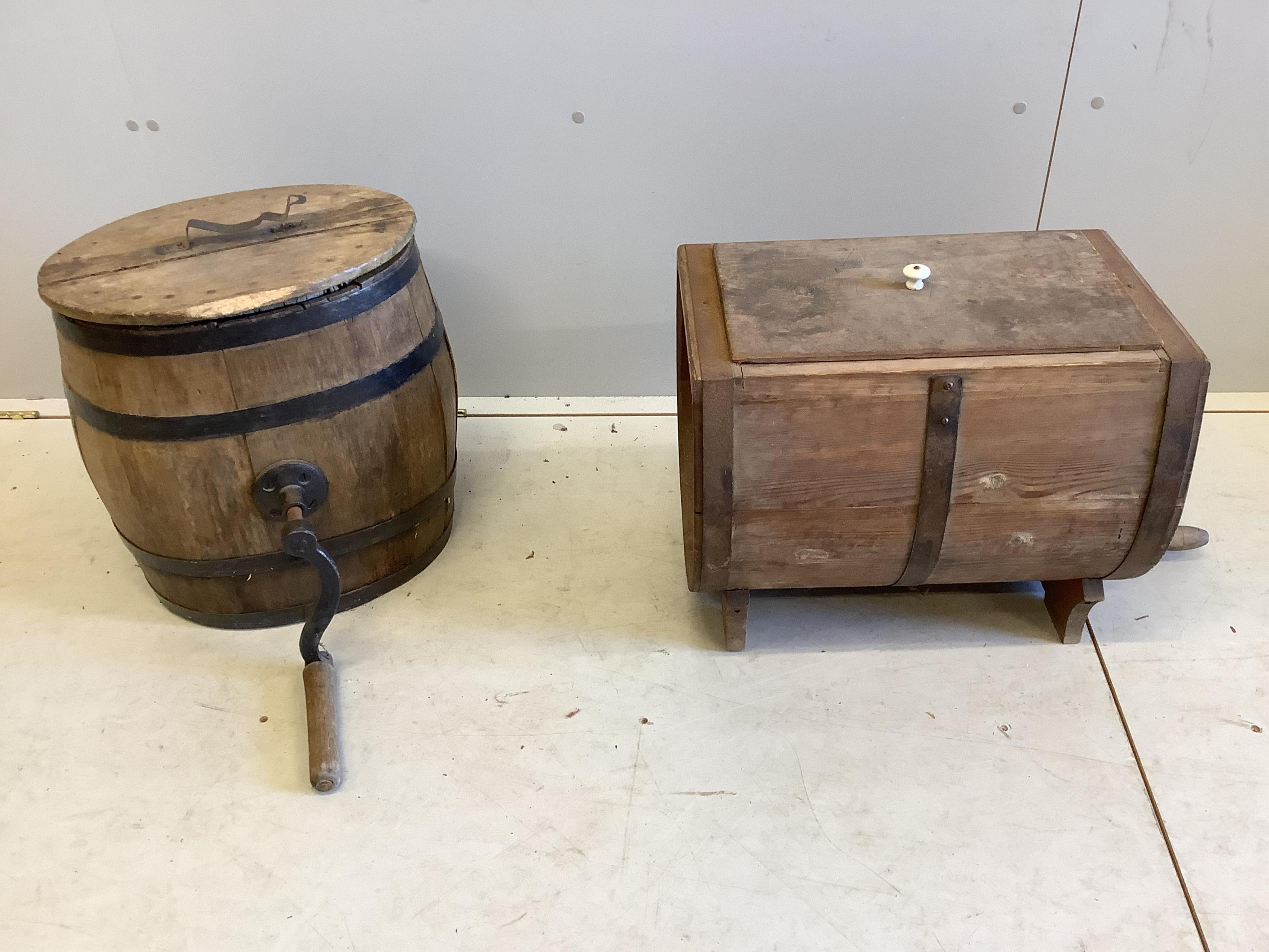 Two Victorian iron bound butter churns, larger height 44cm